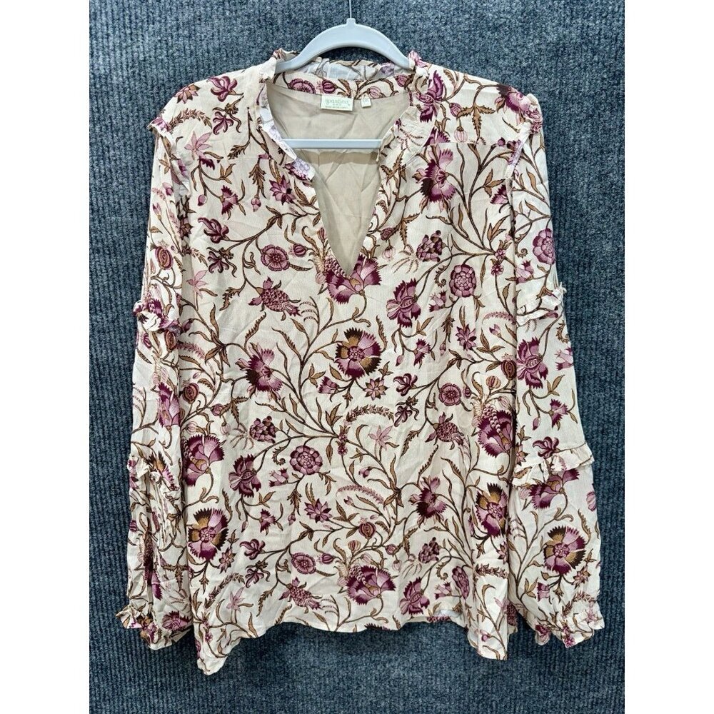 Spartina 449 Popover Blouse Womens 2XL Cream Pink Floral Long Sleeve Boho Beachy